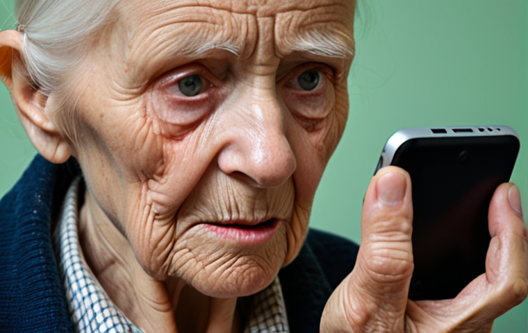 A poignant close-up of an elderly person's hands and face, expressing a mix of confusion and quiet trepidation as they tentatively interact with a modern smartphone or tablet. Their eyes, however, hold a subtle glimmer of hope, reflecting the 'invisible challenge' of digital literacy. The background is softly blurred, suggesting a complex digital interface. The lighting is gentle and empathetic, highlighting the internal struggle and the potential for a breakthrough.