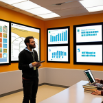 A dynamic, empathetic literacy educator (an architect of minds) actively engaging with diverse students in a bright, modern learning space that blends traditional books with interactive digital screens. The scene emphasizes critical thinking and discussion, with students navigating an 'ocean of information' (symbolized by subtle digital data flows). The atmosphere is collaborative and inspiring, reflecting the educator's role as a guide fostering autonomy and curiosity in the digital age. Warm, inviting colors with a touch of Portuguese architectural influence in the background.