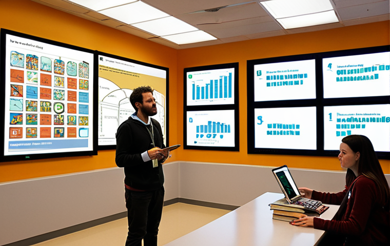 A dynamic, empathetic literacy educator (an architect of minds) actively engaging with diverse students in a bright, modern learning space that blends traditional books with interactive digital screens. The scene emphasizes critical thinking and discussion, with students navigating an 'ocean of information' (symbolized by subtle digital data flows). The atmosphere is collaborative and inspiring, reflecting the educator's role as a guide fostering autonomy and curiosity in the digital age. Warm, inviting colors with a touch of Portuguese architectural influence in the background.