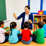 **

A vibrant classroom scene showcasing children engaged in playful learning activities. Fully clothed children are interacting with colorful books, wooden letters, and modeling clay. The teacher is guiding the students in a lesson using musical instruments and engaging songs. Perfect anatomy, correct proportions, natural pose, well-formed hands, proper finger count, natural body proportions, safe for work, appropriate content, fully clothed, family-friendly.

**