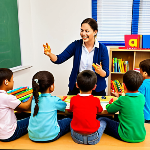 **

A vibrant classroom scene showcasing children engaged in playful learning activities. Fully clothed children are interacting with colorful books, wooden letters, and modeling clay. The teacher is guiding the students in a lesson using musical instruments and engaging songs. Perfect anatomy, correct proportions, natural pose, well-formed hands, proper finger count, natural body proportions, safe for work, appropriate content, fully clothed, family-friendly.

**