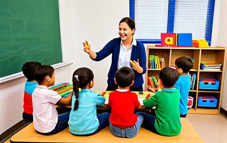 **

A vibrant classroom scene showcasing children engaged in playful learning activities. Fully clothed children are interacting with colorful books, wooden letters, and modeling clay. The teacher is guiding the students in a lesson using musical instruments and engaging songs. Perfect anatomy, correct proportions, natural pose, well-formed hands, proper finger count, natural body proportions, safe for work, appropriate content, fully clothed, family-friendly.

**