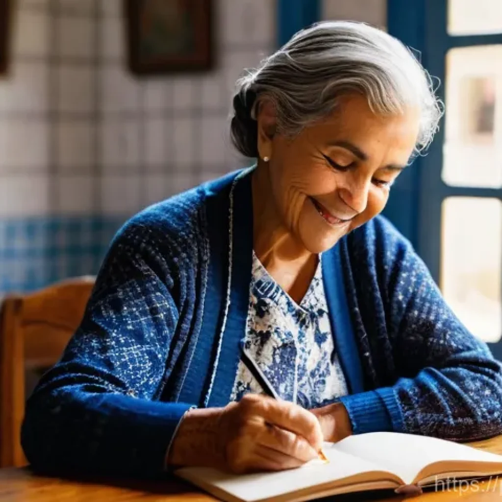 문해교육사와 학습 코칭 기법 - **Prompt:** A serene and empowering scene of an elderly Portuguese woman, possibly in her late 60s o...