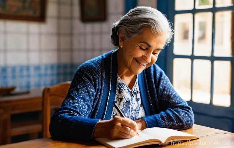 문해교육사와 학습 코칭 기법 - **Prompt:** A serene and empowering scene of an elderly Portuguese woman, possibly in her late 60s o...