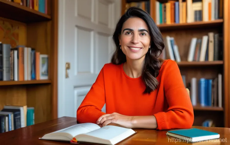 문해교육사와 자기 학습 동기 분석 - A thoughtful and inspired Portuguese woman in her late 30s, with a warm expression, sits comfortably...