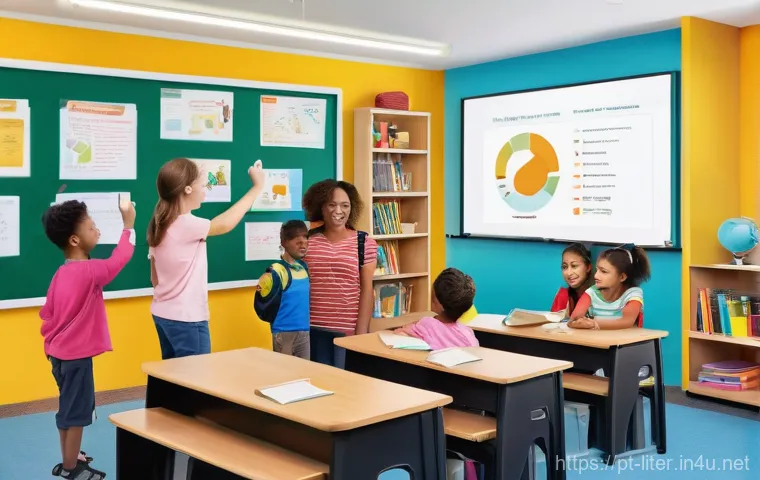 문해교육사와 성과보고서 작성법 - **Prompt:** A heartwarming and brightly lit scene inside a modern, colorful community learning cente...