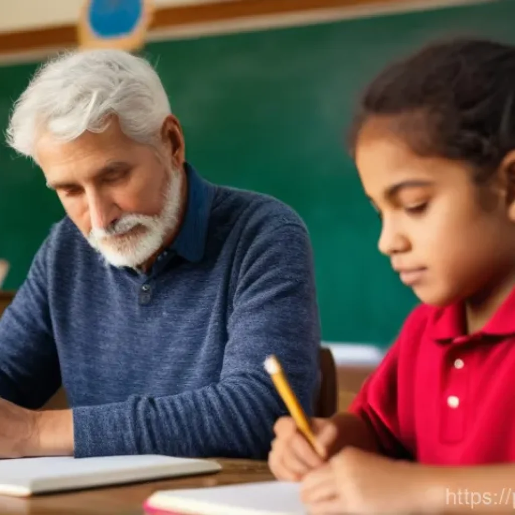 문해교육사로서의 긍정적인 마인드 - A close-up, warm-toned shot of a kind, empathetic female literacy educator (in her 40s-50s) gently g...