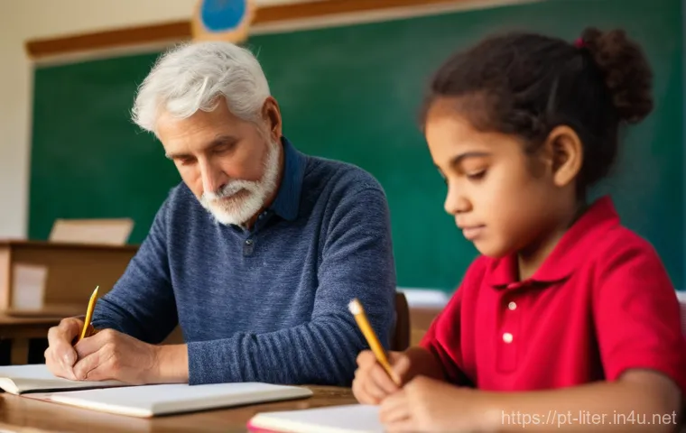 문해교육사로서의 긍정적인 마인드 - A close-up, warm-toned shot of a kind, empathetic female literacy educator (in her 40s-50s) gently g...