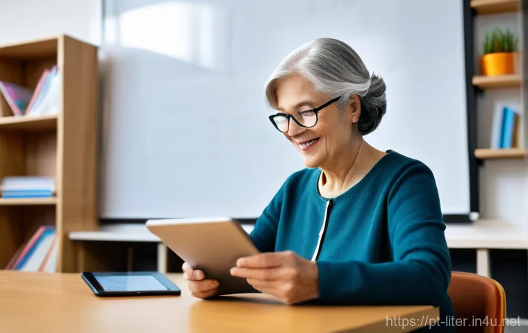 문해교육사로서의 긍정적인 마인드 - A vibrant and cheerful classroom scene where adult literacy students are actively participating in a...