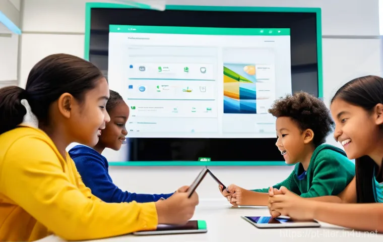 문해교육사 업무 중 비효율 줄이기 - **Vibrant Digital Learning Space:** A bright, modern classroom where a diverse group of adults and c...