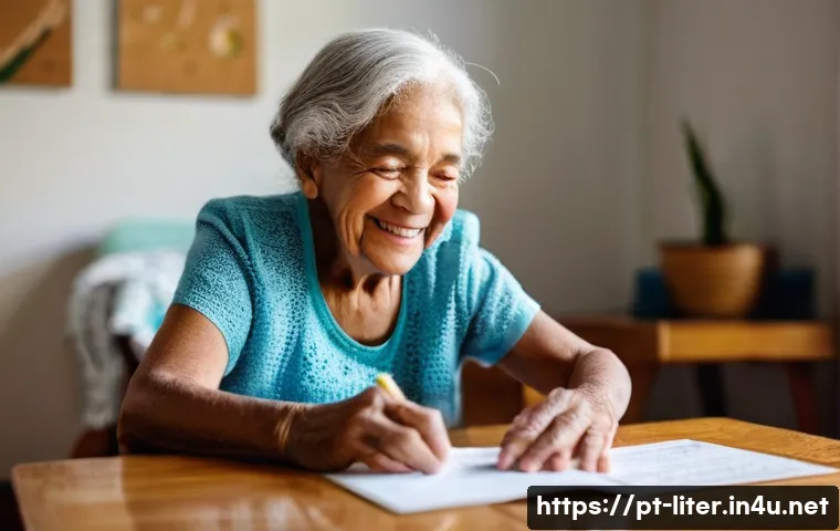 문해교육사와 학습자 변화 사례 - **Prompt 1: The Joy of New Discoveries**
A heartwarming indoor scene featuring an elderly Brazil...