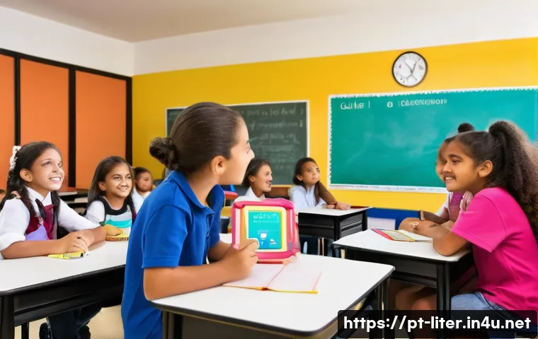 문해교육사 수업 운영 팁 - A lively and diverse classroom scene in a Brazilian elementary school, showing a teacher attentively...