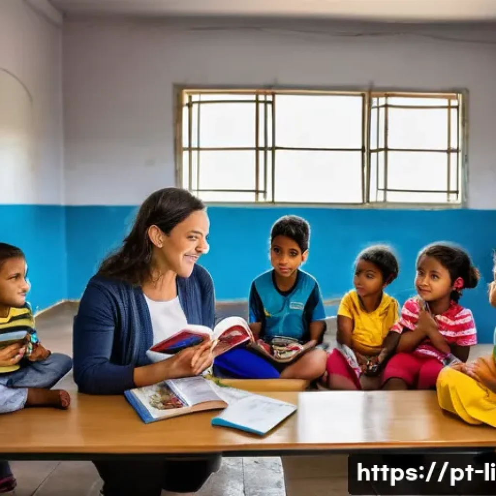문해교육사와 직업 만족도 연구 결과 - A dedicated early literacy teacher in a modest Brazilian public school classroom, surrounded by dive...