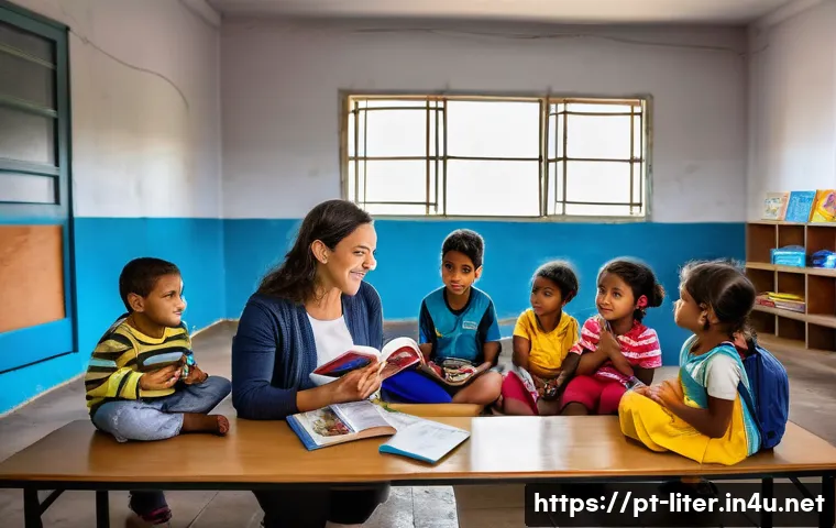 문해교육사와 직업 만족도 연구 결과 - A dedicated early literacy teacher in a modest Brazilian public school classroom, surrounded by dive...