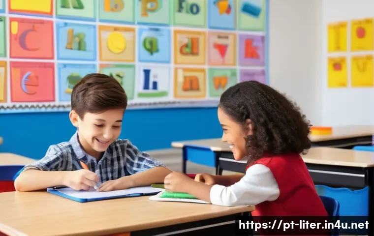 문해교육사와 학습 장애 극복 사례 - A diverse classroom scene featuring a young boy with dyslexia receiving personalized support from a ...