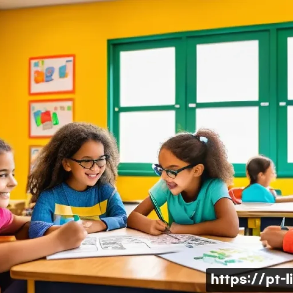 문해교육사와 교육 콘텐츠 개발 - A vibrant classroom scene showing young Brazilian children wearing colorful casual clothes and sitti...