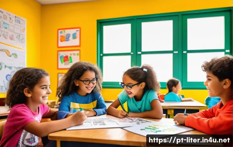문해교육사와 교육 콘텐츠 개발 - A vibrant classroom scene showing young Brazilian children wearing colorful casual clothes and sitti...