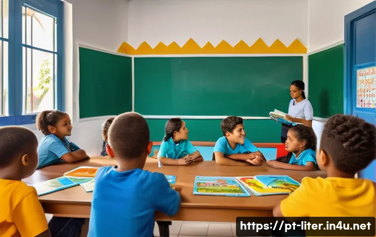 문해교육사 이직 시 고려사항 - A diverse classroom scene in a Brazilian public school focused on literacy development: children age...
