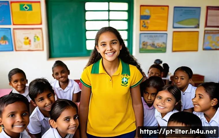 문해교육사와 학습 모델 비교 - A compassionate Brazilian literacy teacher in a colorful classroom, warmly engaging with a diverse g...