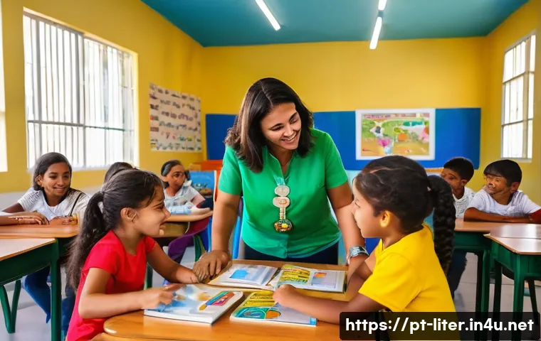 문해교육사의 사회적 역할 - A vibrant classroom scene in a Brazilian community center where a diverse group of children and adul...
