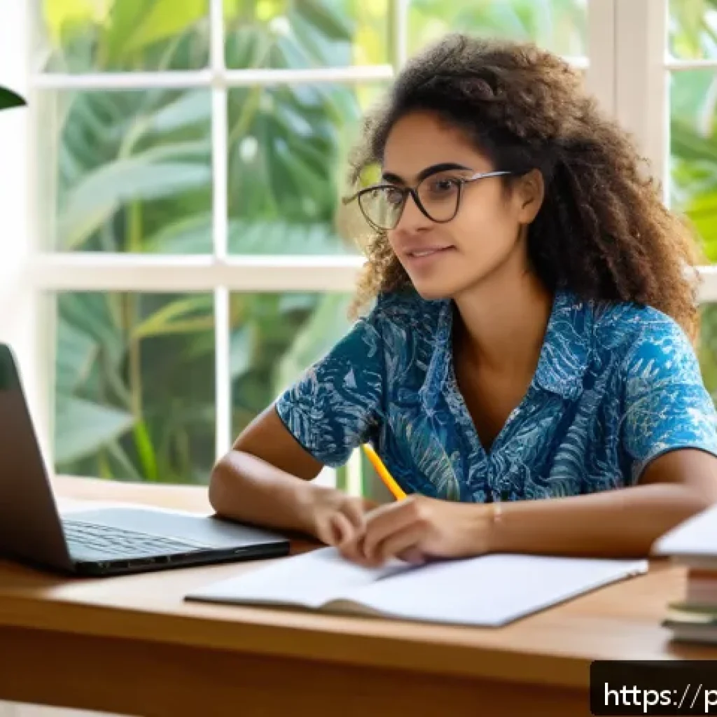 문해교육사 자격 취득 방법 - A focused adult Brazilian woman studying at home for literacy certification, sitting at a tidy desk ...