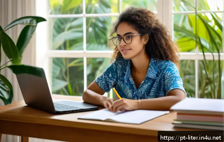 문해교육사 자격 취득 방법 - A focused adult Brazilian woman studying at home for literacy certification, sitting at a tidy desk ...