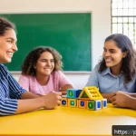 문해교육사와 학습 목표 연구 결과 - A vibrant classroom scene in a Brazilian public school, showing a diverse group of educators engaged...
