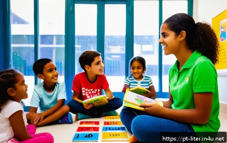 문해교육사와 학습 목표 달성 연구 - A diverse classroom scene in a Brazilian public school setting, featuring a young female teacher wit...