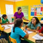 문해교육사 직무의 보람과 도전 - A warm, inviting adult literacy classroom scene in Brazil, featuring a diverse group of adult studen...