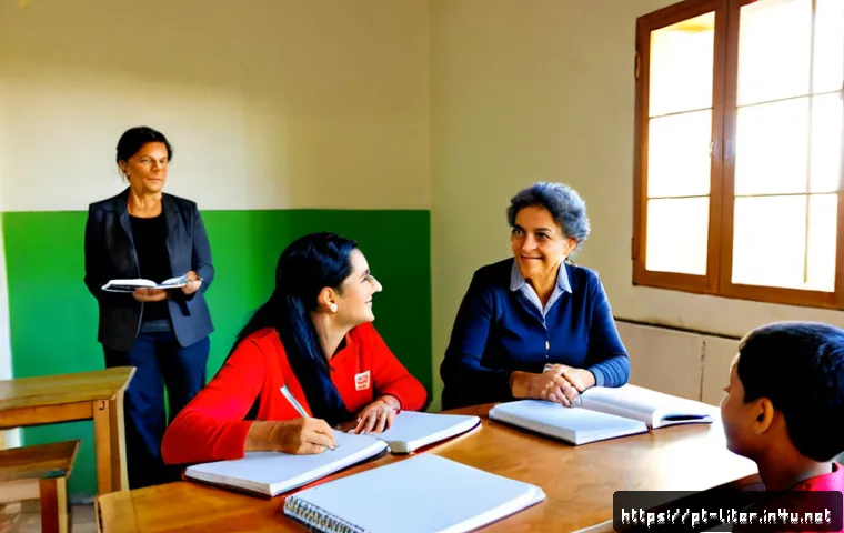 Home 17 문해교육사와 다양한 학습자 사례 - Photorealistic adult literacy educator in a bright community learning center in Portugal, warmly hel...