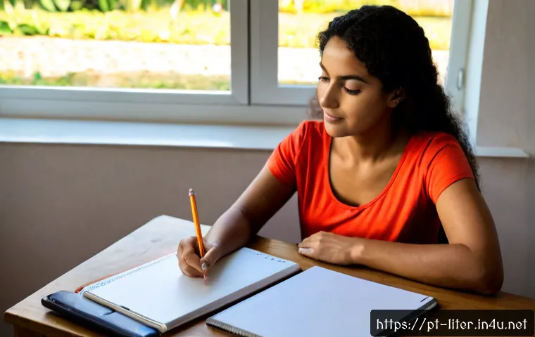 문해교육사와 시험 준비 과정 - Photorealistic study scene for literacy educator exam preparation in Brazil, a focused middle-aged B...