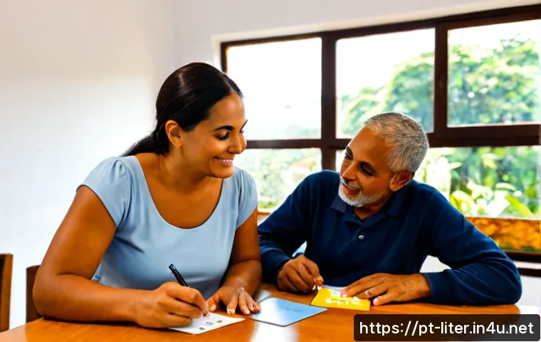 Home 16 문해교육사와 학습 목표 달성 계획 - Photorealistic Brazilian adult literacy educator guiding a middle-aged learner at a bright community...